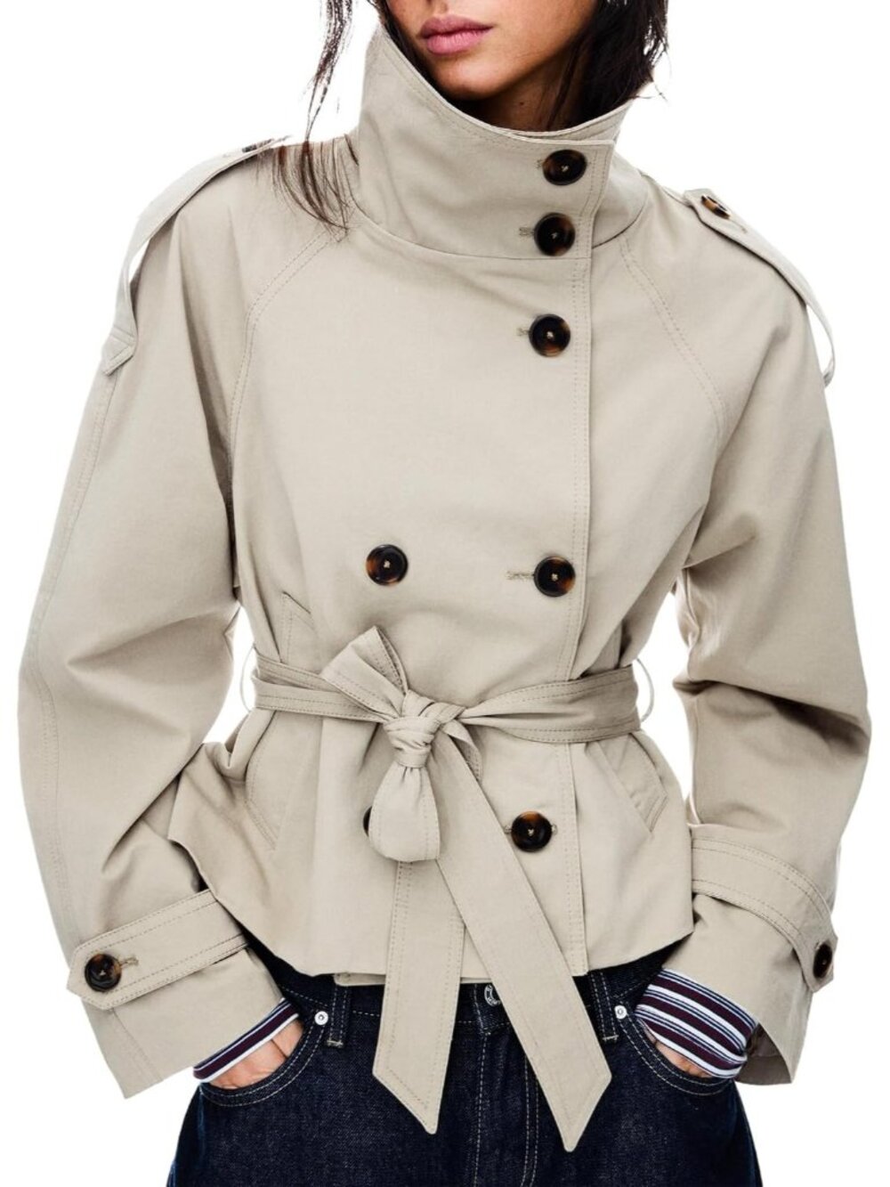 〽️Sand Women's Cropped Trench Jacket High Neck Double Breasted Coat
